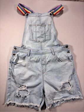 Light Wash Denim Shortalls Distressed with Rainbow Suspenders Size M